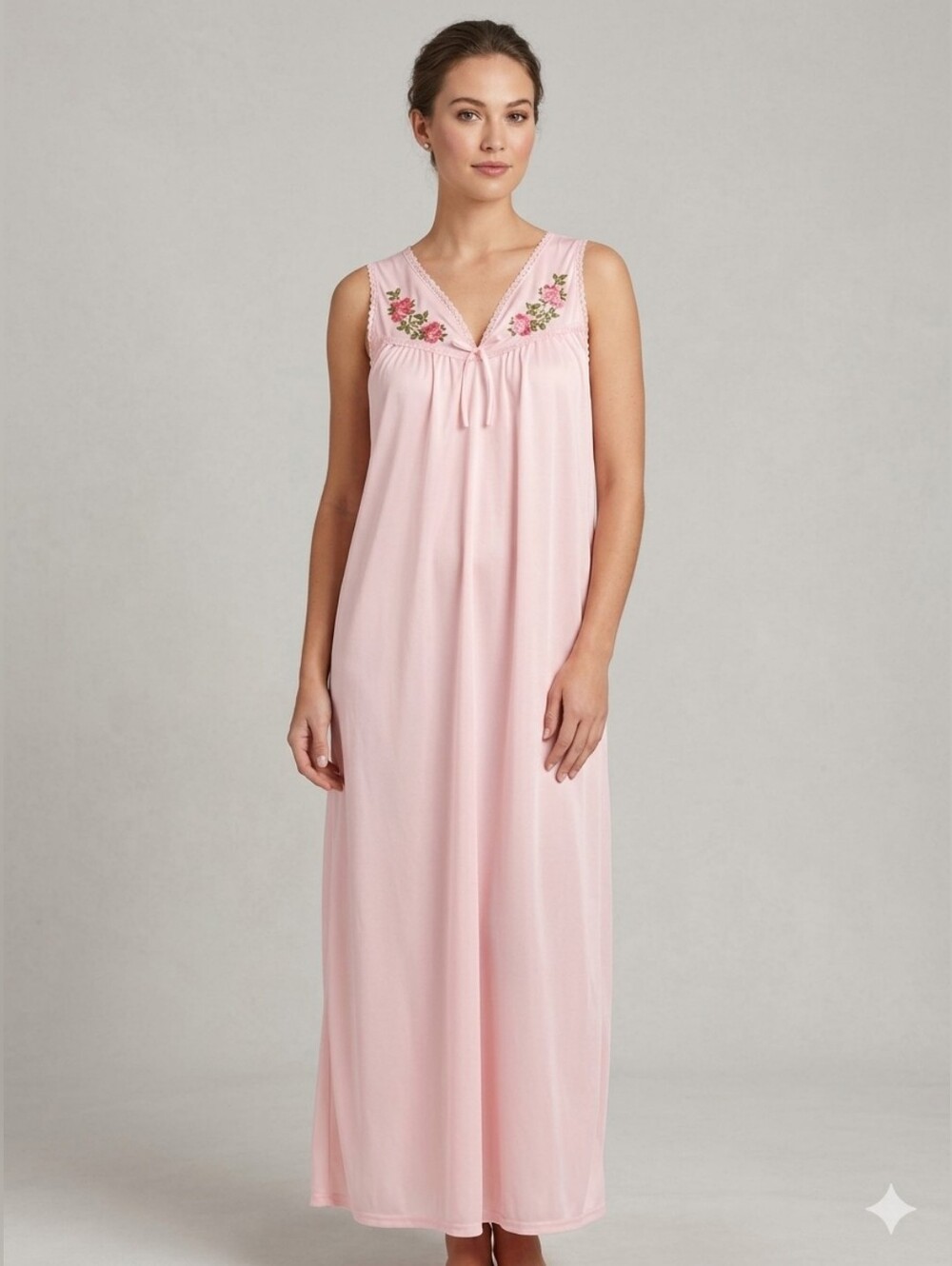 Vintage Nightgown 100% Nylon Nightie Medium Embroidered Flawed Maxi